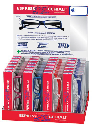 occhiali da lettura linea De Luxe mod.Business espressoocchiali, la confezione espositore da banco contiene 24 occhiali. Forniture per tabaccherie, tabaccai, supermercati, aree di servizio.