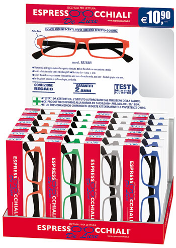 occhiali da lettura linea DE LUXE On/Off espressoocchiali, confezione espositore da banco per 24 occhiali. Si ricercano distributori.
