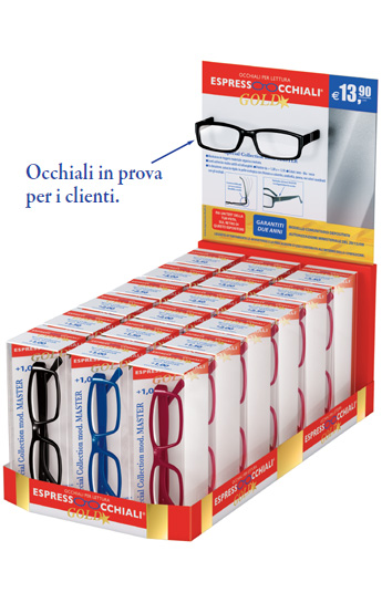 Il nuovo espositore da 18 occhiali da lettura Espressoocchiali GOLD, con specchio, test della vista e occhiale di prova per i clienti.
