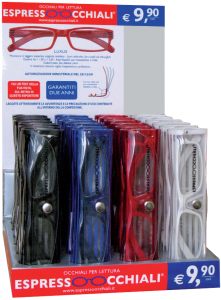 La pratica confezione-espositore da banco della linea di occhiali da lettura Luxus per 24 paia di occhiali,  completa di specchio e test per l'autodiagnosi della presbiopia semplice