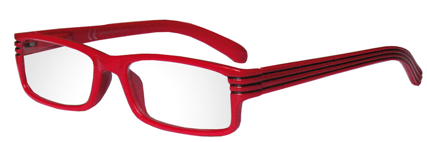 Foto degli occhiali da lettura  mod. Luxus di colore rosso aperti di Espressoocchiali. Occhiali premontati per presbiopia semplice in distribuzione in supermercati, tabaccherie, cartolibrerie.