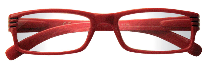 Foto degli occhiali premontati da lettura  mod. Luxus di colore rosso aperti di Espressoocchiali. Occhiali per presbiopia semplice in distribuzione in supermercati, tabaccherie, cartolibrerie, cartolerie.