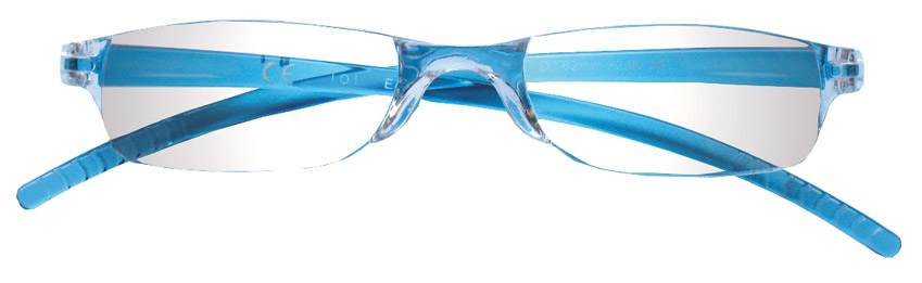 Foto degli occhiali da lettura mod. Easy frontale trasparente e aste azzurre - Espressoocchiali, occhiali premontati per la presbiopia semplice in grande distribuzione, supermercati, tabaccherie, cartolerie