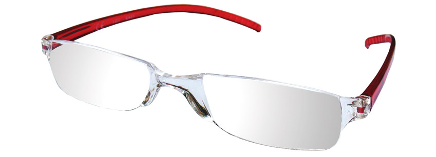 Foto degli occhiali da lettura mod. Easy frontale trasparente aste rosse aperti - Espressoocchiali, occhiali premontati per presbiopia semplice distribuiti in grande distribuzione