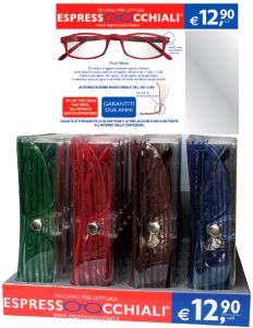 La pratica confezione-espositore da banco della linea di occhiali da lettura Velvet per 24 paia di occhiali,  completa di specchio e test per l'autodiagnosi della presbiopia semplice