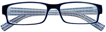 occhiali da lettura premontati linea Gold - Smart con frontale blu, retro bianco, aste a righe bianche. Nei supermercati, aree di servizio, cartolerie, cartolibrerie e tabaccherie