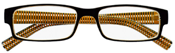 occhiali da lettura premontati per leggere linea Gold - Smart con frontale nero e retro giallo, aste a righe gialle. Qualità e design italiani. Distribuiti in supermercati, aree di servizio, cartolerie e tabaccherie
