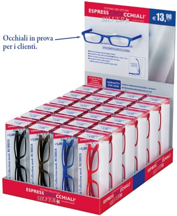 Il nuovo espositore da banco per 24 occhiali da lettura Espressoocchiali SILVER, con specchio, test della vista e occhiale di prova per i clienti.