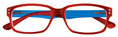 Thumbnail occhiali da lettura premontati mod. MIXER frontale in colore rosso, con aste in colore azzurro e terminali rossi. In vendita in tabaccherie, cartolerie, colorifici, ferramenta, supermercati, GDO.