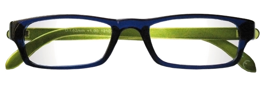 Foto degli occhiali da lettura premontati mod. Rainbow blu e verde  di Espressoocchiali. Occhiali per presbiopia semplice in distribuzione in tabaccheria, cartolibreria, supermercato, area di servizio, cartolai.