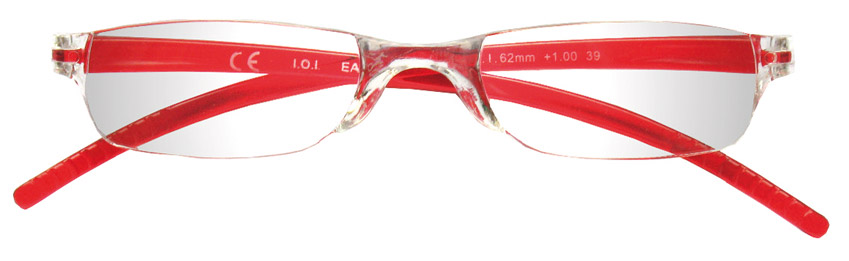 Foto degli occhiali da lettura mod. Easy frontale trasparente e aste rosse - Espressoocchiali, occhiali premontati per la presbiopia semplice in grande distribuzione, supermercati, tabaccherie, cartolerie