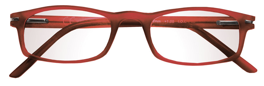 Foto degli occhiali da lettura mod. Velvet colore rosso opaco di Espressoocchiali, occhiali premontati per presbiopia semplice distribuiti in tabaccheria, cartolibreria, area di servizio