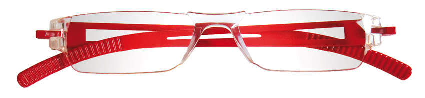 Foto degli occhiali da lettura premontati mod. Life frontale trasparente aste rosse di Espressoocchiali. Occhiali per la presbiopia semplice in tabaccheria, cartolibreria, area di servizio, supermercato