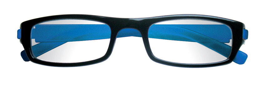 Foto degli occhiali da lettura premontati mod. Prince blu chiusi di Espressoocchiali. Occhiali per la presbiopia semplice in distribuzione in tabaccheria, cartolibreria, area di servizio, supermercato