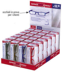 Un espositore di occhiali da lettura Espressoocchiali con gli occhiali di prova per i clienti.